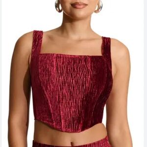 N by Naked Wardrobe Boned Plush Velvet Crop Corset Tank in Wine Textured XL